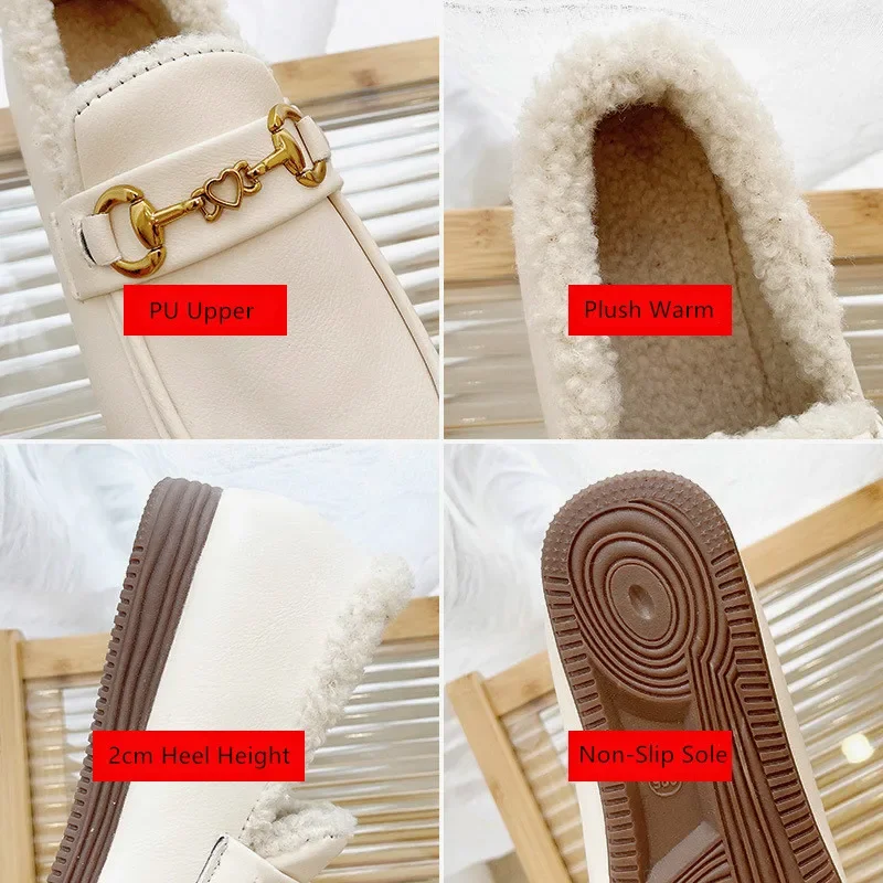 Luxury Brand Metal Chain Moccasins Women Winter Shoes Leather Loafers Cotton Shoes Woman Warm Plush Comfy Fur Flats