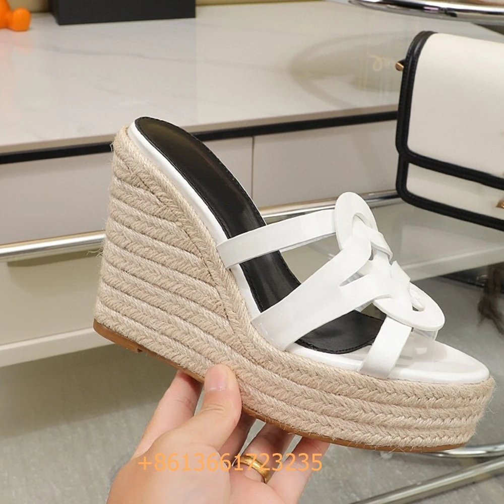 

2025 Summer Newest Slides Corss Strap Patent Leather Platform Women Sandals Wedges Espadrilles Slip On Fashion Heels Open Toe