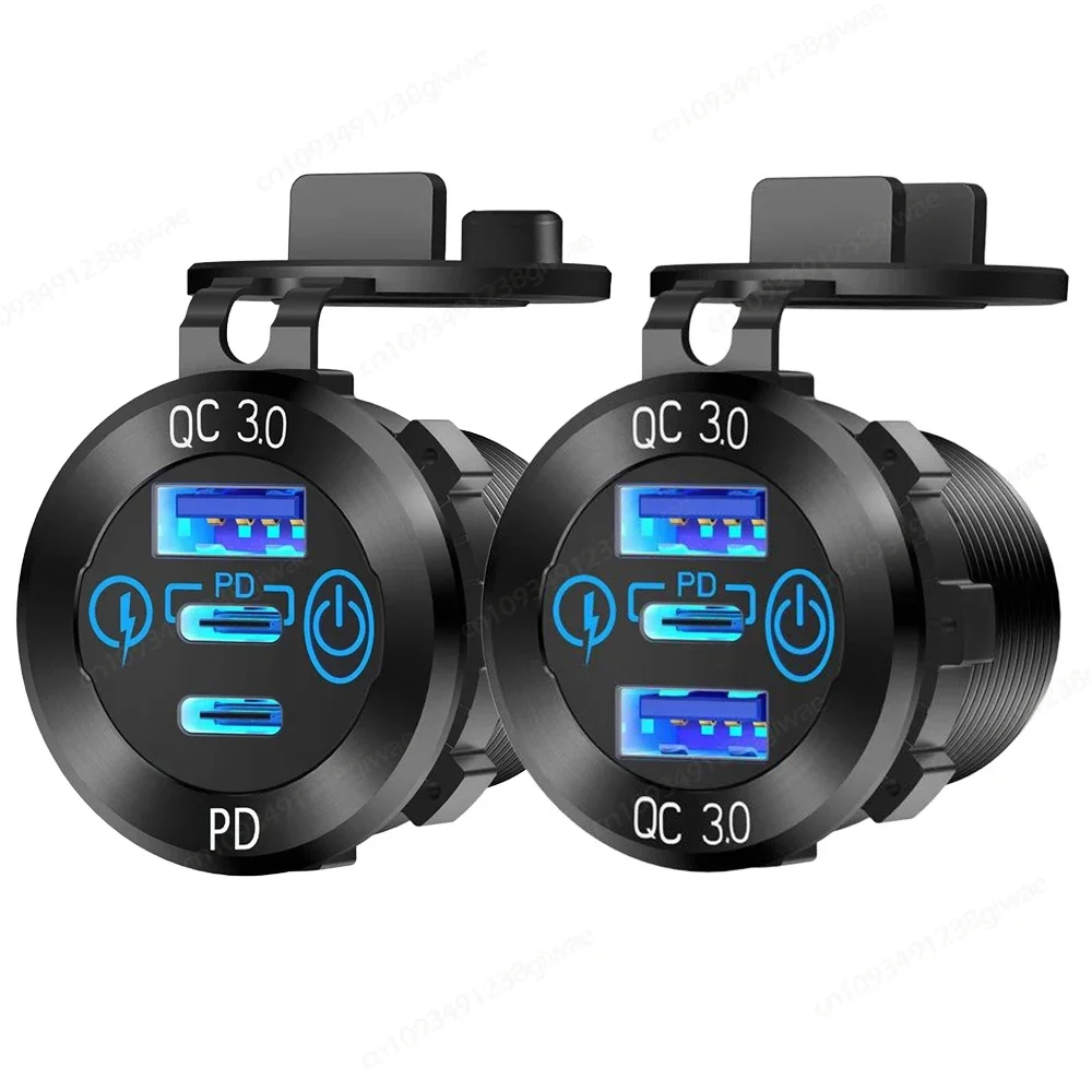 Aluminum 12V-24V RV USB Power Outlet Wire Car Charger Socket PD3.0 Type-C & QC3.0 Charge Port with Switch for Car Boat RV Marine