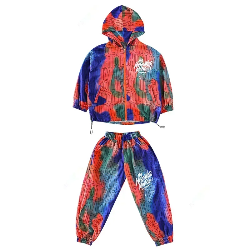 Costume de brevJazz pour Garçon et Fille, Vêtements Hip Hop, Fermeture Éclair, Lettres Imprimées, Sweat à Capuche, Veste, Haut, Streetwear, Pantalon de Jogging