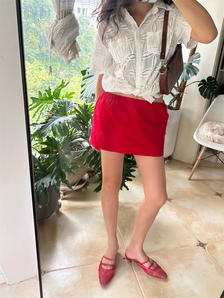 Low Waist Red  Skirt Shorts DADANA Casual Holiday Anti-Light Simple Style Women's Travel Shorts Skirt Breathable Moisture...