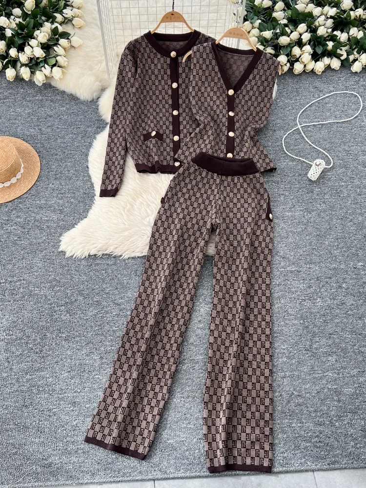 Winter Fashion Plaid Print Sweater Suits Women Knit Cardigans+Elastic Long Pants American Casual Retro Autumn OL 3 Pieces Sets