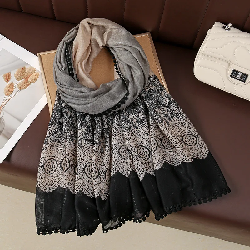 Spring Autumn New Metallic Thread Gradient Lace Print Long Scarf for Women, Versatile Neck Wrap Shawl Protective Scarf