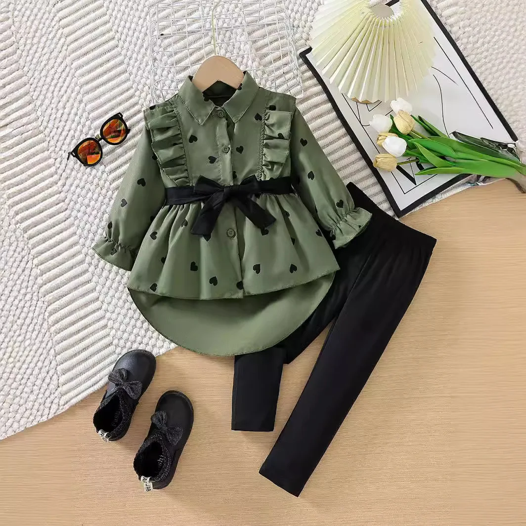 

2025 Children's Clothing Autumn New Girls Fashion Long Shirt Dress with Belt Leggings Set Cross-border