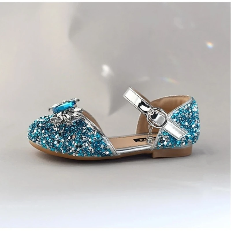 Exquisite Crystal Sapphire Girls Sandals Fashion Shining Sequins Children's Evening Shoes Rhinestone Ice Princess Kids Flats