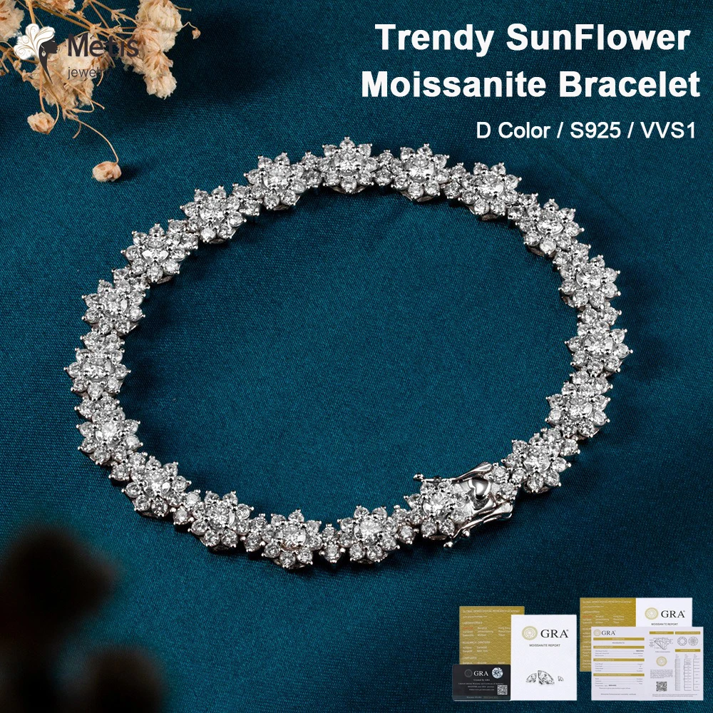 

D Color Trendy Flower Moissanite Bangle Bracelet 925 Sterling Silver Wedding Bracelets for Women Bridal Promise Party Jewelry