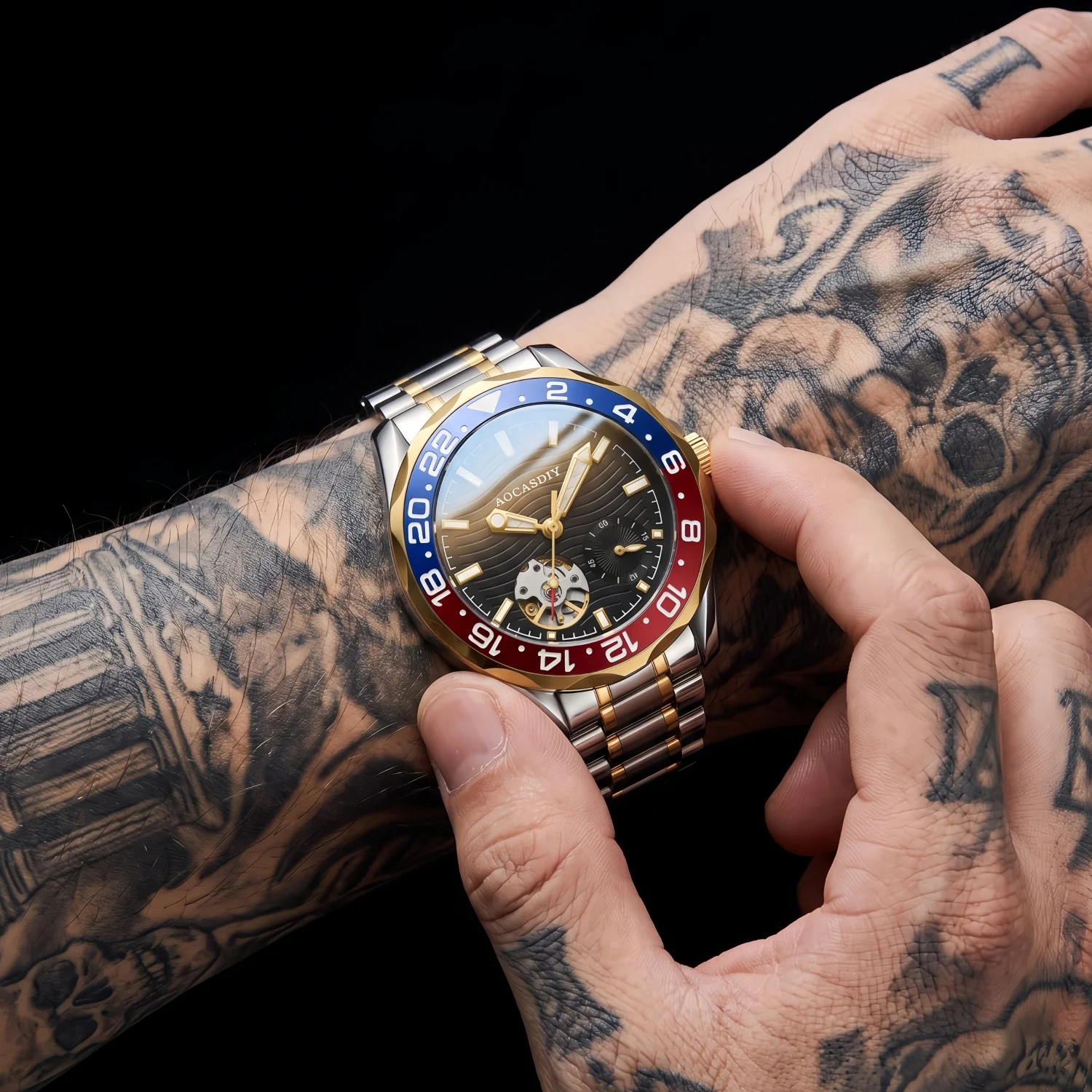 AOCASDIY Men's Mechanical Watch Wave Pattern Dial Skeleton Balance Wheel Window Sports Watch Luminous Index Gift for Friends