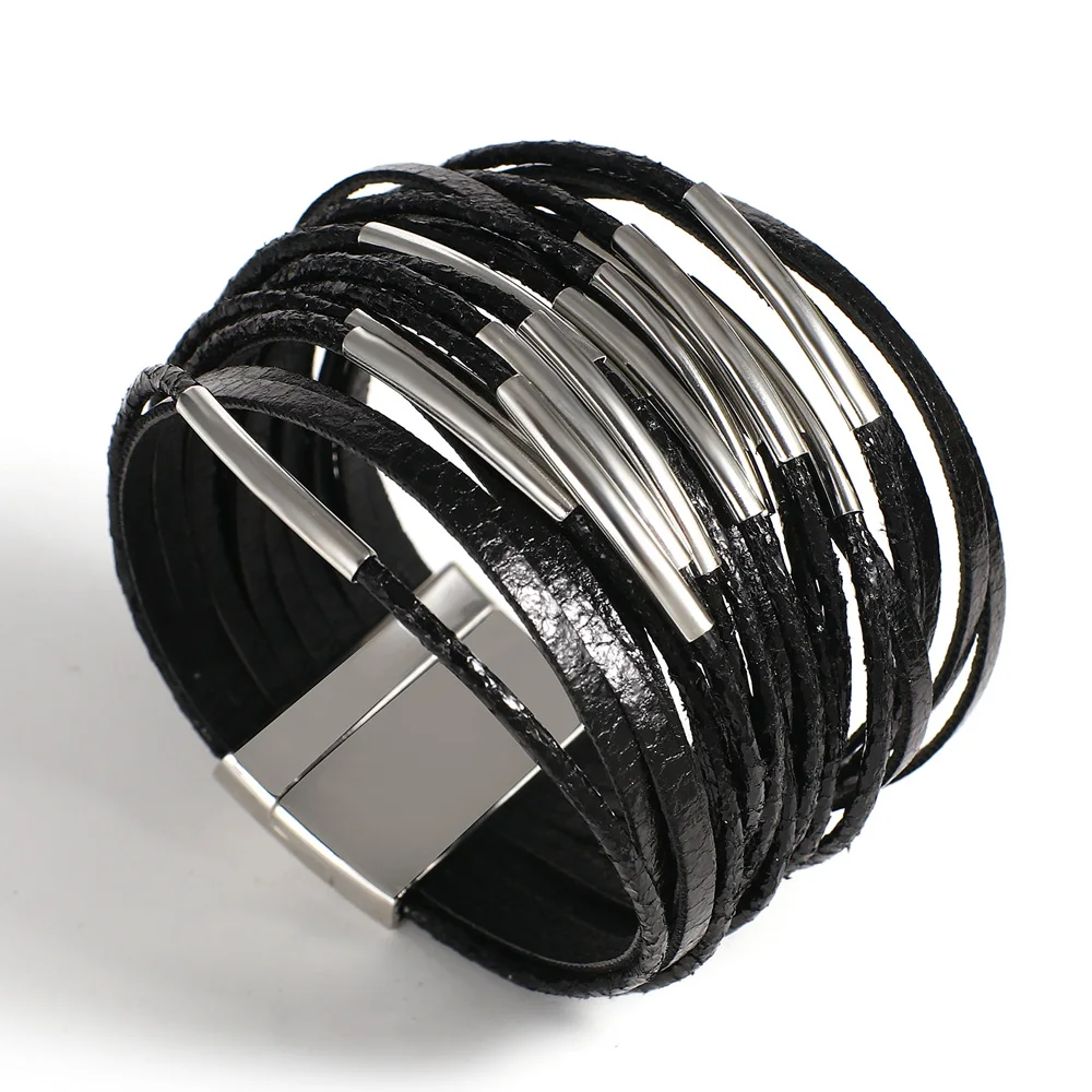 ALLYES Trendy Metal Tube Leather Bracelet for Women Men Chunky Glitter Filled Slim Multilayer Wrap Wide Bracelets Party Jewelry