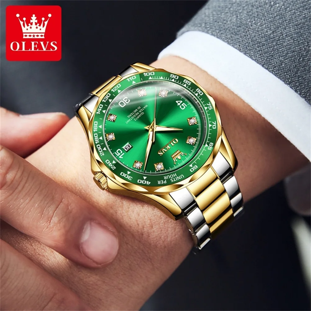 OLEVS Men's Watches Classic Fashion Original Quartz Watch for Man Zircon Scale Date Waterproof Stainless Steel Luminous Daily