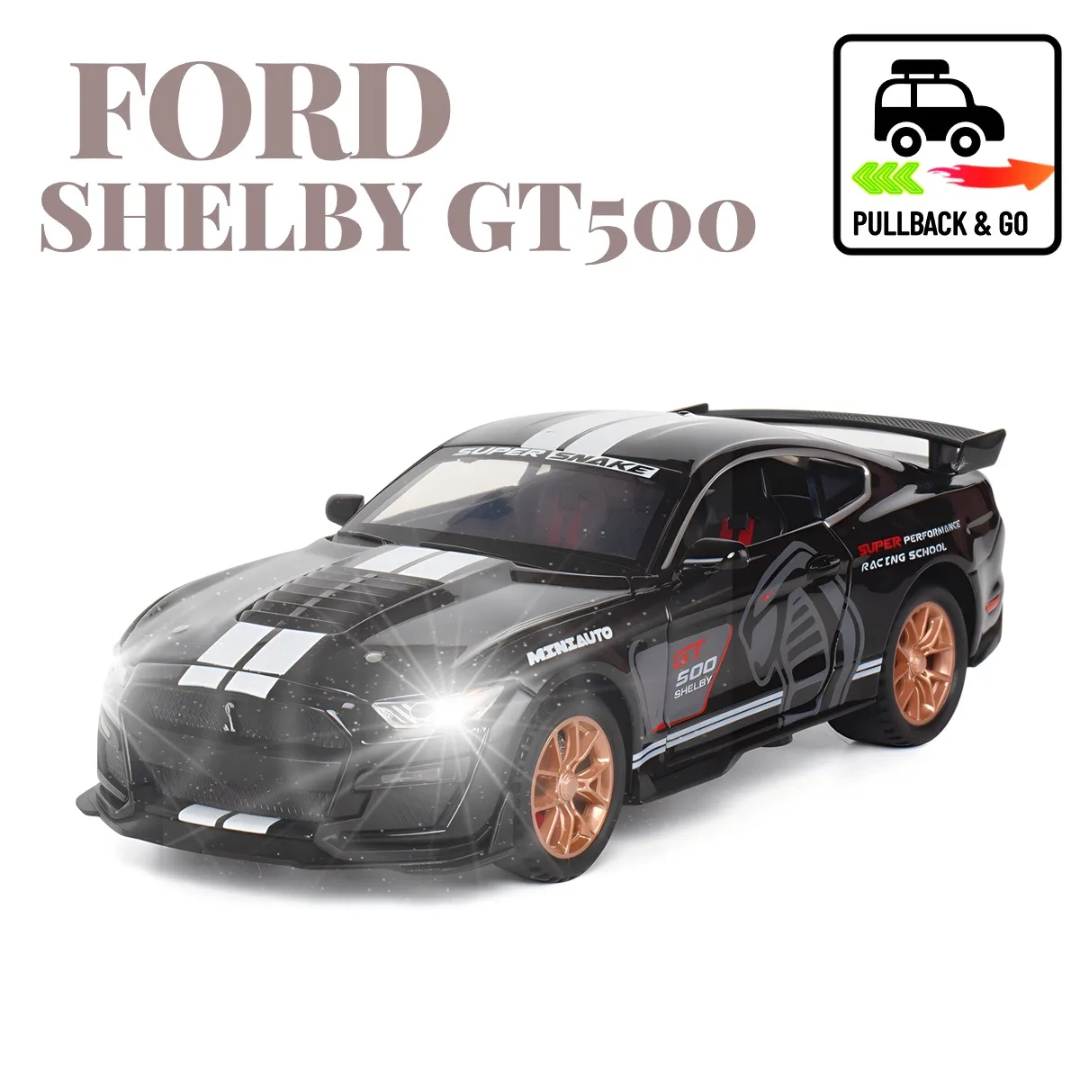 

1:32 автомобиль Ford Mustang Shelby GT500 Pullback игрушка с подсветкой и звуком двигателя, модель литая автомобиля в масштабе, копия игрушечного подарка для мальчика