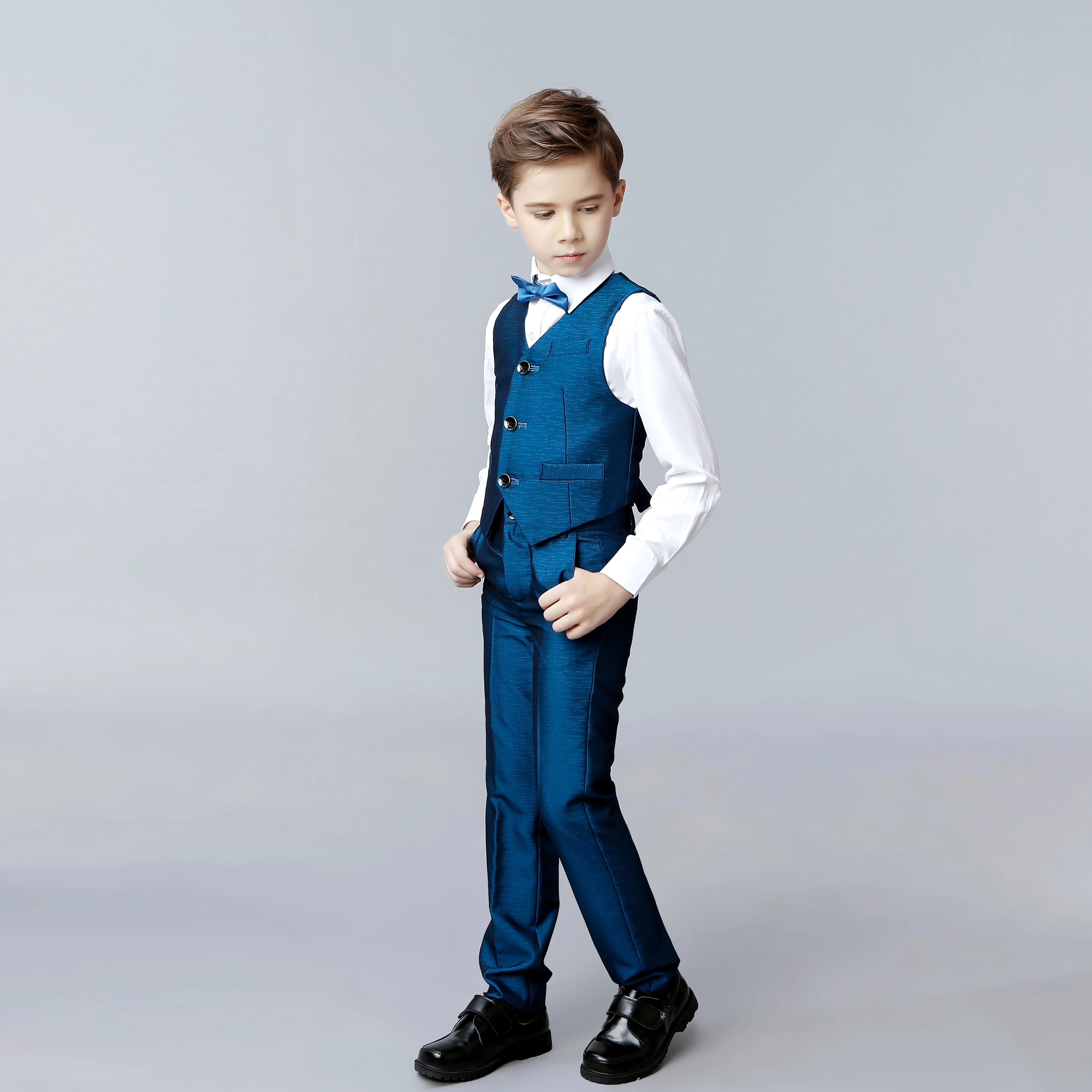 Trajes azules de primavera para niños pequeños, esmoquin de cena para boda, fiesta de graduación, ropa de cumpleaños, chaqueta, pantalones, chaleco