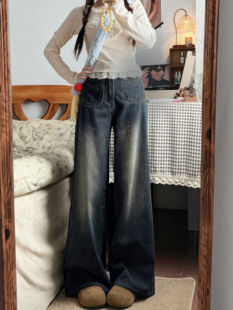 Vaqueros de pierna ancha con forro de Fce de cintura alta, pantalones vaqueros con corte en A para mujer, pantalones vaqueros de talla grande para otoño e invierno, adelgazantes para cuerpo de pera