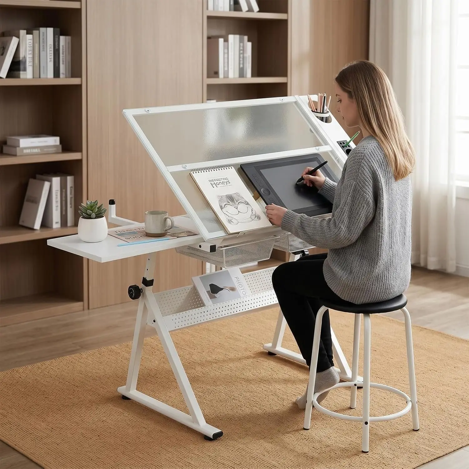 Drafting Table w/Art Stool, Height Adjustable Drawing Desk for Adults, Multifunctional Art Craft Desk with Tilting Glass Top, 2 Storage Drawers, Painting Workstation for Home Office Artist(White)
