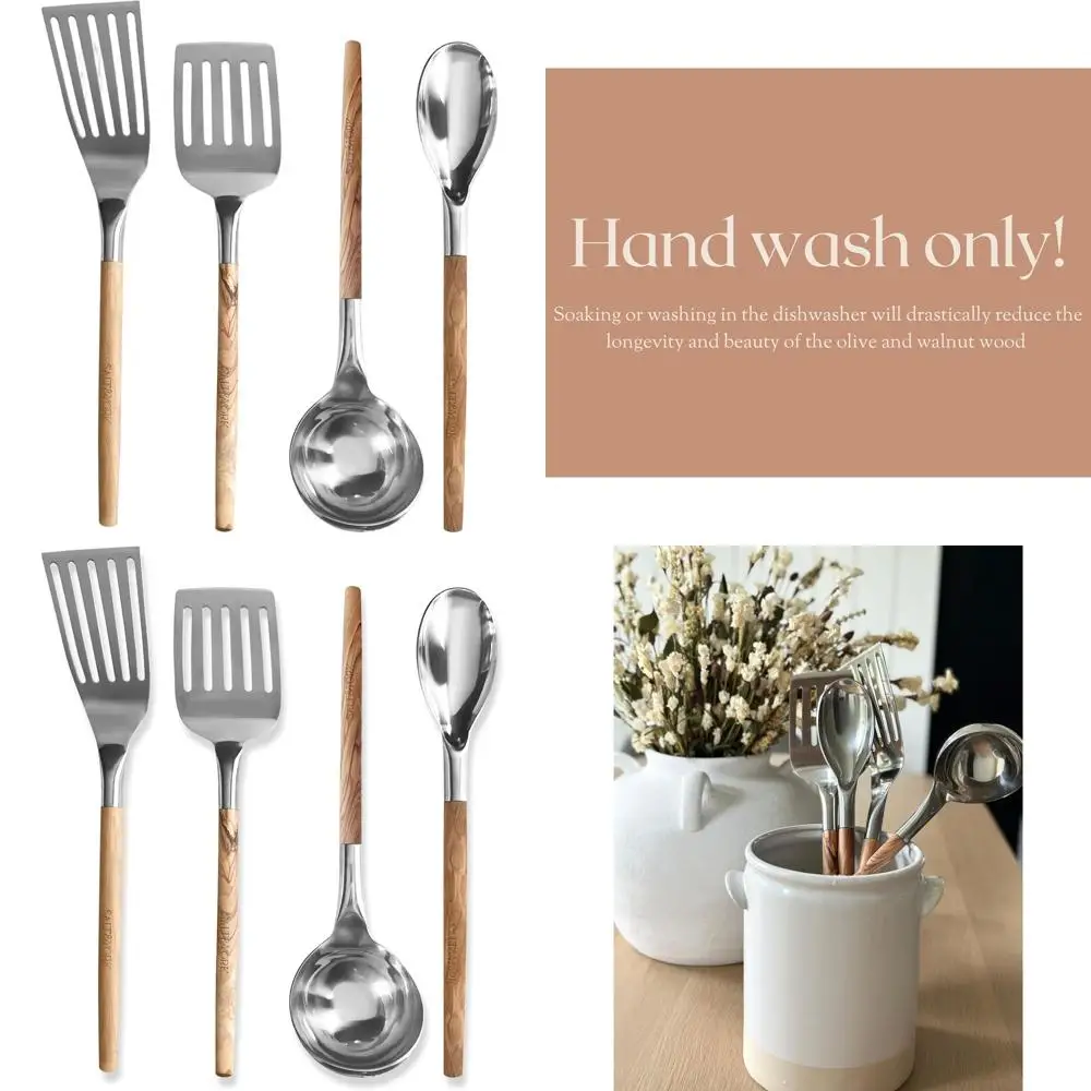 

Набор кухонных инструментов из нержавеющей стали из 4 предметов с деревянными ручками: лопаточка, ковш, ложка — подарок для приготовления пищи премиум-класса