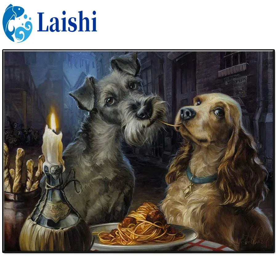 5D DIY Retro art, two dogs eating noodles together Diamond Painting Cross Stitch Diamond Embroidery New Handicrafts Home Decor