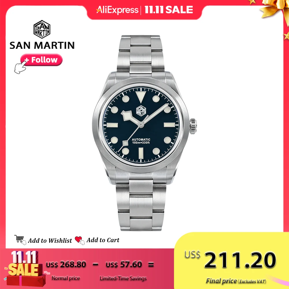 San Martin Design 38mm Men Sport Watch Enamel Dial NH35 Explore Automatic Mechanical Watches Sapphire 10 Bar BGW-9 Gift SN0107