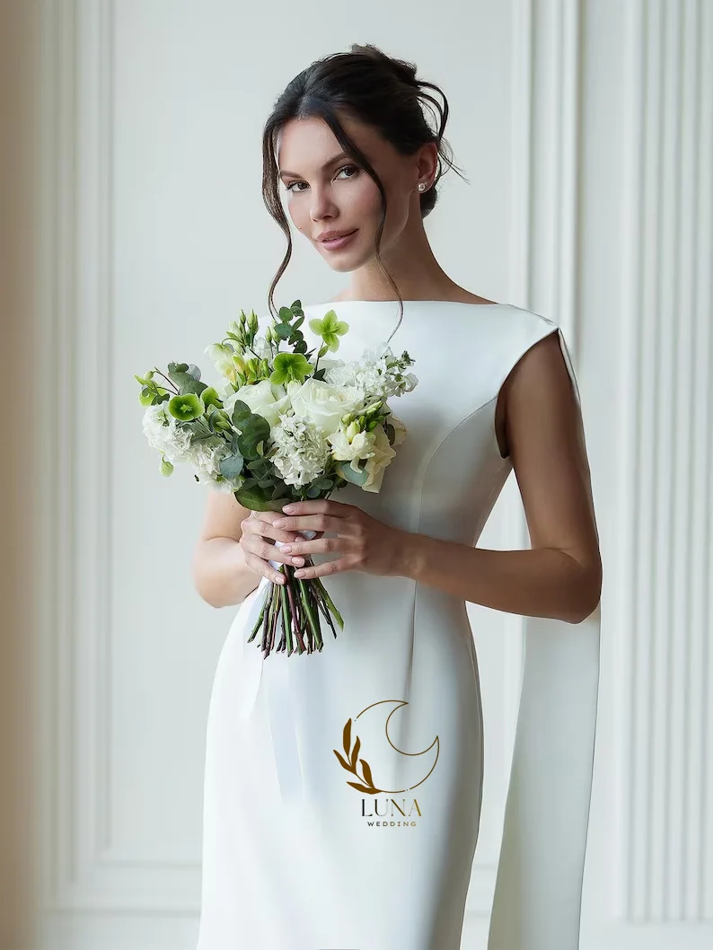 Luna Simple Ivory Wedding Dresses Backless Ankle Length Straight Satin Wedding Party Dresses Customized Saudi Bride Dresses