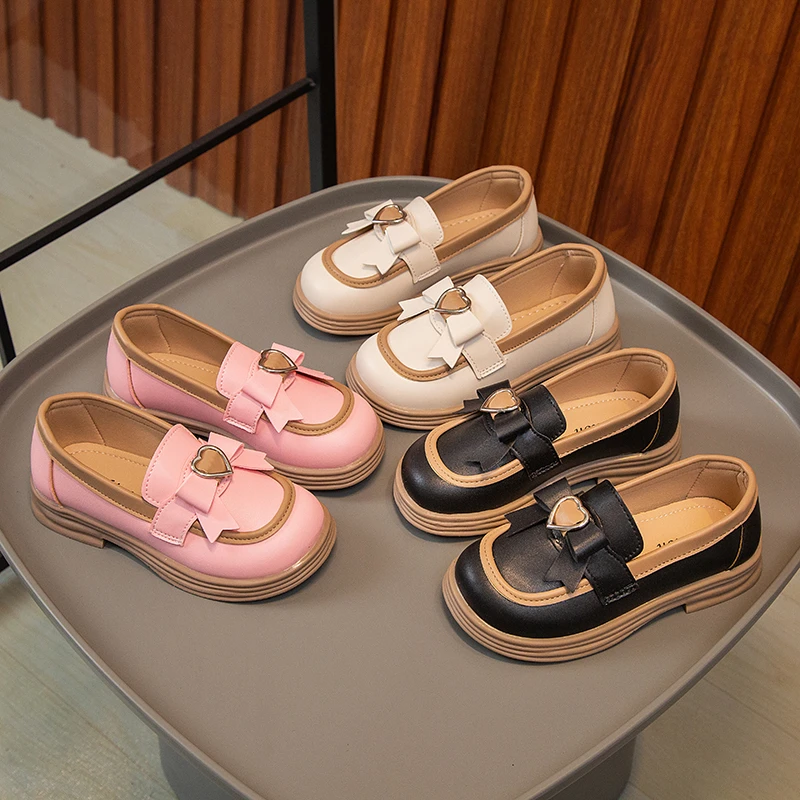 2024 New Girls Loafers Cute Bow Fashion Kids Leather Shoes Slip-on Bow Non-slip Children Casual Shoes Drop Shipping Round-toe