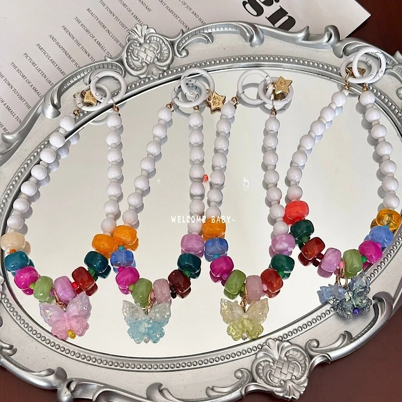 

New Retro Butterfly Pendant Bead Phone Charms Bracelets Colorful Crystal Phone Bracelets Bag Pendant Universal Phone Accessories
