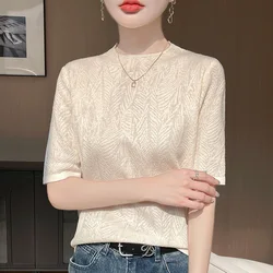 Women's Semi High Neck Hollow Lace Imitation Wool T-Shirt SpringSummer Solid Color Short Sleeved Fashionable Knitted Thin Top