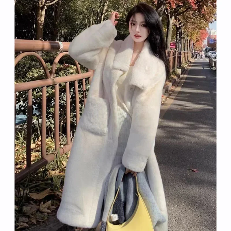 

Autumn Winter Faux Fur Warm Midi Coat Female Fashion Korean Lapel Pocket Casual Jacket Solid Elegant All Match Long Outerwear