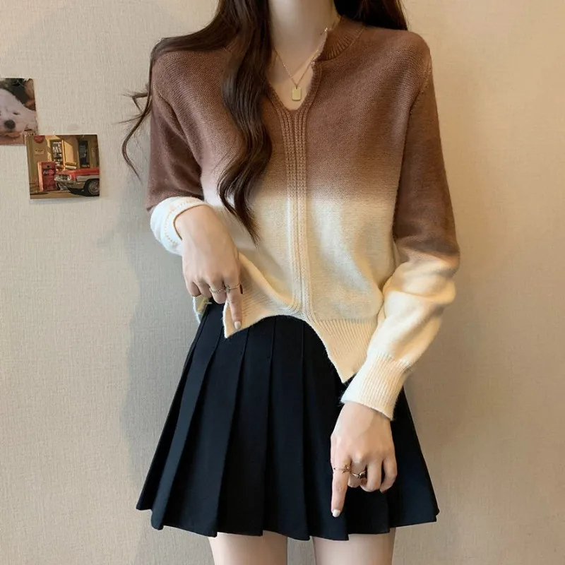 2024 Autumn New Korean Style Gradient Casual Versatile Simple Slim-fitting Long-sleeved Knitted Sweater Pullover Top