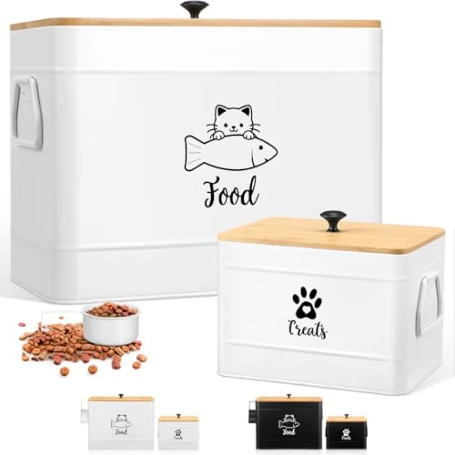 

Extra Large Metal Cat Food Containers Airtight 12+3.5 lbs Cat Treat Snack Jars Set of 2 with Bamboo Lids and Spoons Farmhouse B