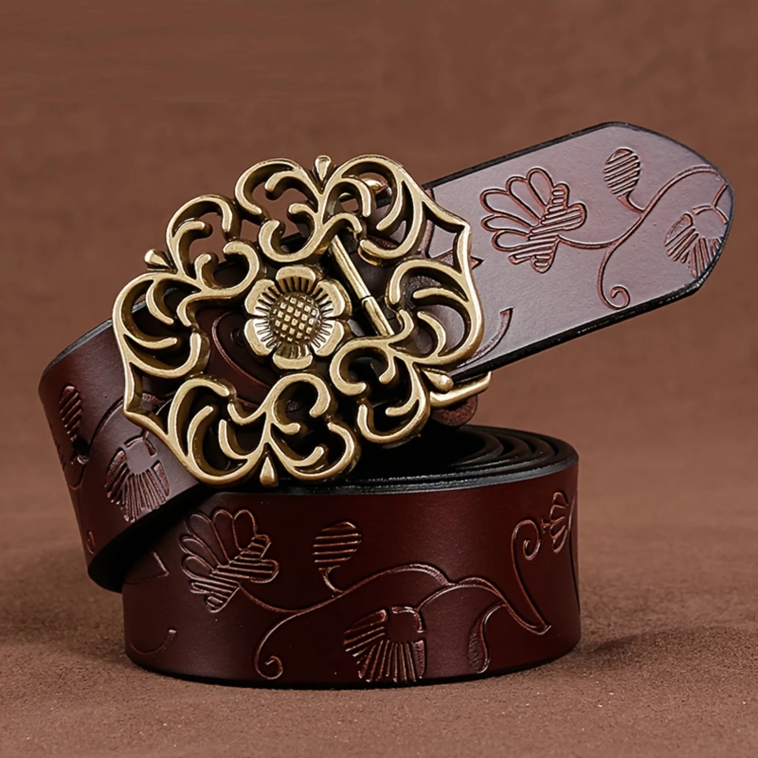 Flower Hollow Buckle genuine Leather Belt Vintage Cowhide Solid Color Carved Elegant Wide Belt