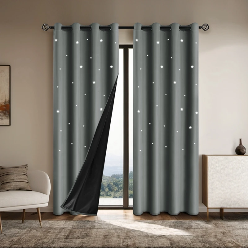 1/2pcs Star Cut-Out Blackout Curtains Rod Pocket Room Darkening Curtains Window Treatment for Bedroom Living Room 8 Sizes