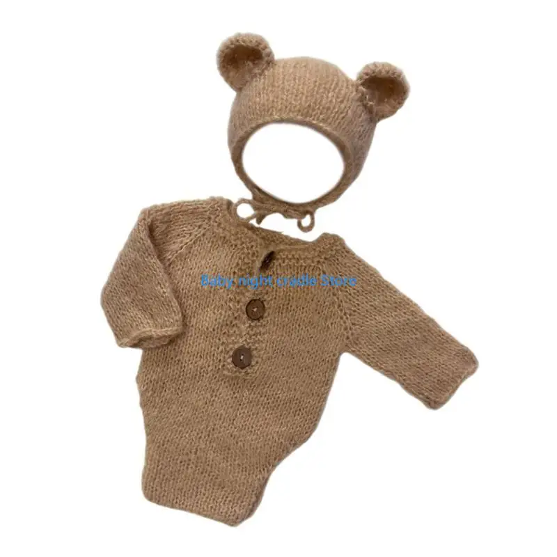 

J2FF Lovely Bear Dress Up set for Baby Comfortable Photoshoot Props Baby Romper with Hat set Baby First Bear Costume Photo