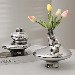 Nordic Plating Silver Vase Dried Flower Ornaments Electroplated Ceramic Vase Model Vases Living Room Home Decoration Gift