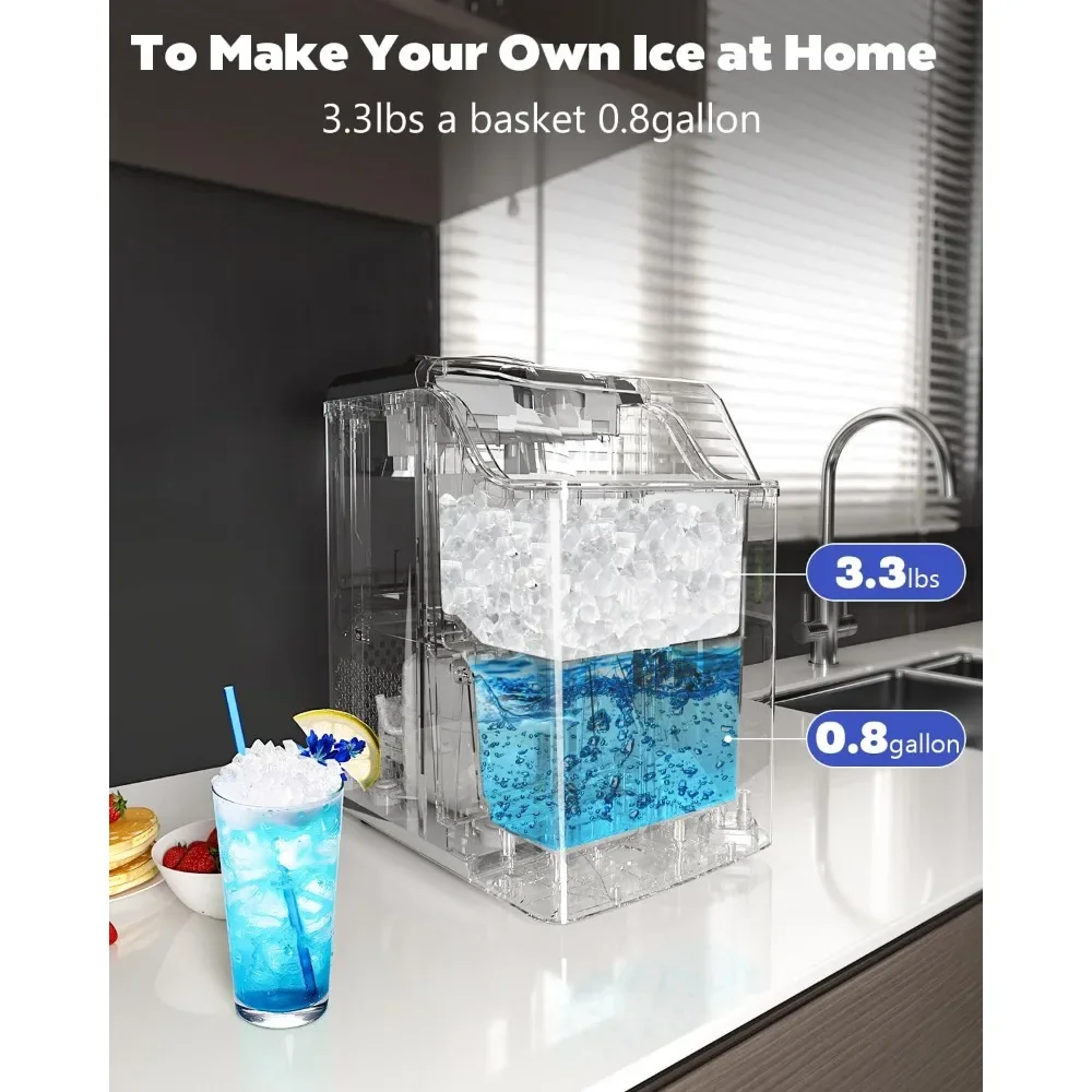 Self-Cleaning Countertop Ice Maker, aço inoxidável, gelo esmagado, temporizador, 3,3 Libras Cesta, 45lbs/Day, 24H