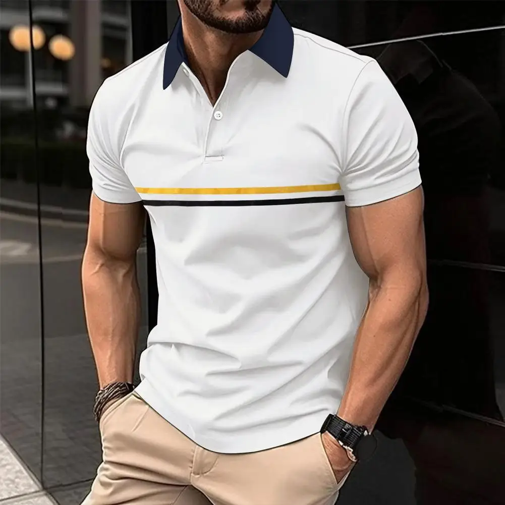 Men Top Striped Print Slim Fit Men's T-shirt with Turn-down Collar Button Detail Breathable Top for Summer Wear Breathable Men