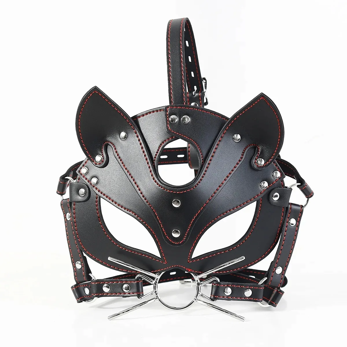 Black Leather Cat Mask BDSM Bondage Kit with Open Ring Mouth Gag Harness Couple Oral Foreplay Adult Toy for Erotic Play view 2