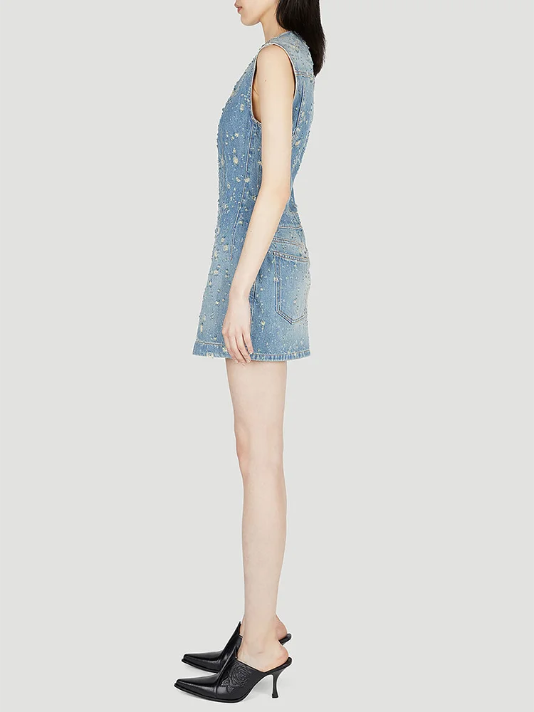 ชุดเดรสยีนส์เข้ารูปกลวงเซ็กซี่สำหรับเสื้อผู้หญิงคอกลมเดรสเอวสูงมีซิปคอวี