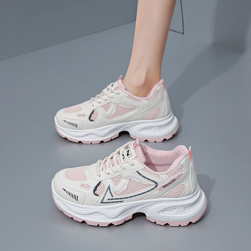 Women Height‑Increase Chunky Platform Sneakers Lace‑Up Color‑Block Mesh Breathable Thick Sole Casual Daily Dad Sport Shoes