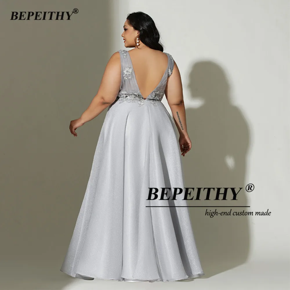 BEPEITHY Customized Gray Long Evening Dresses Sleeveless For Curve Women Sexy Open Back A Line Plus Size Prom Formal Gown 2023