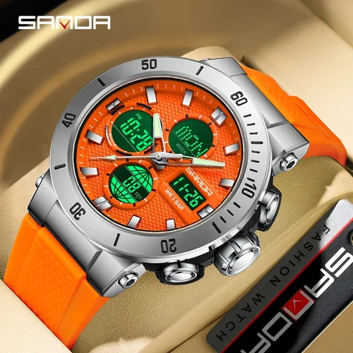 Imagen 1 del producto Reloj deportivo SANDA Chic para hombre, correa de silicona naranja, cronógrafo resistente al agua de lujo, relojes de pulsera de cuarzo, reloj Digital con fecha y semana