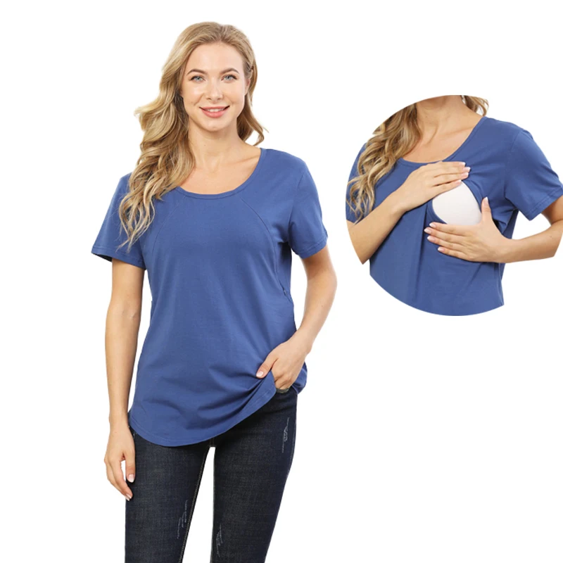 Plus Size Summer Maternity T Shirt Short Sleeve Breastfeeding Clothes Invisible Zipper Openning Curve Hem Cotton US Size S-5XL