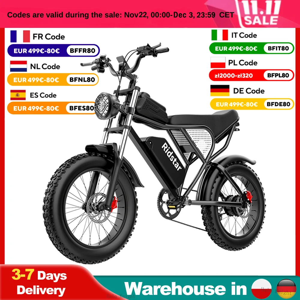 48V 20Ah E Bike 1000W Fast Electric Bike 20*4.0 Fat Tire Men's E-Mountain Bike Electric Bicycle Adult Ridstar Q20 Assisted Ebike