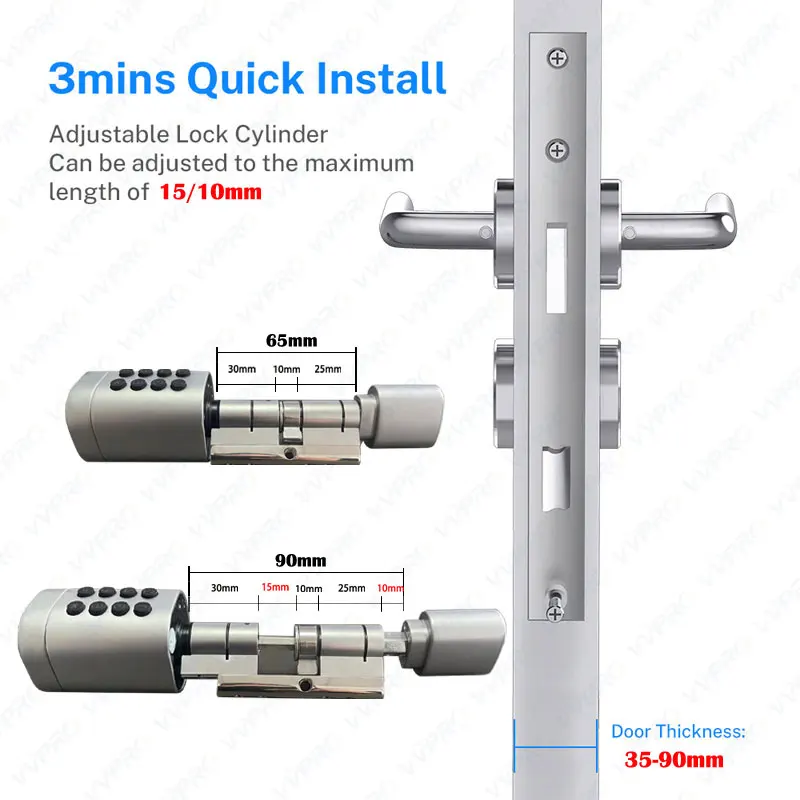 TTLOCK APP Adjustable length automatic telescopic intelligent smart cylinder lock Electronic Digital Biometric Fingerprint smart