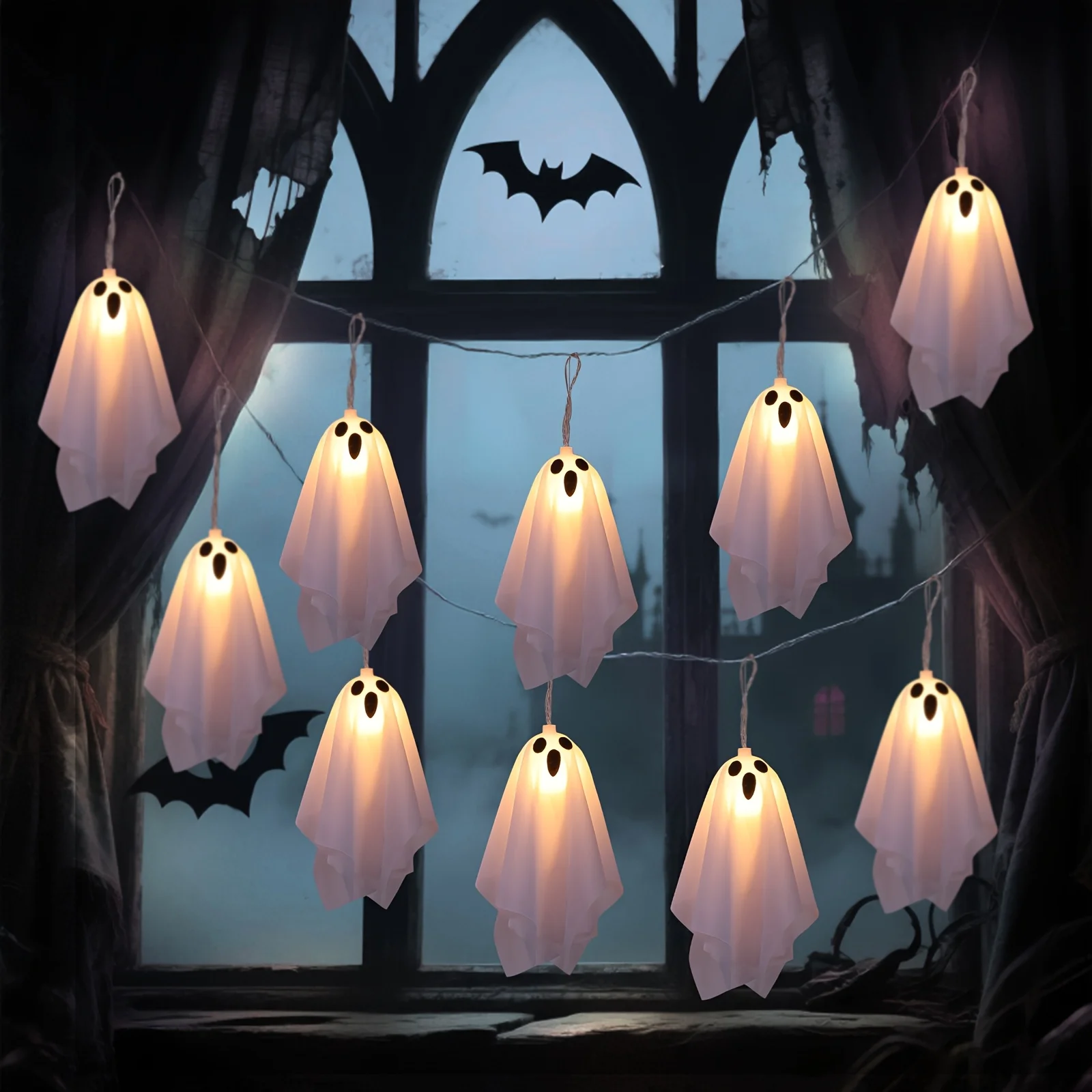 Halloween White Cloth Ghost LED String Lights Indoor Window Fireplace Spooky Party Hanging Decor Fairy Lamp