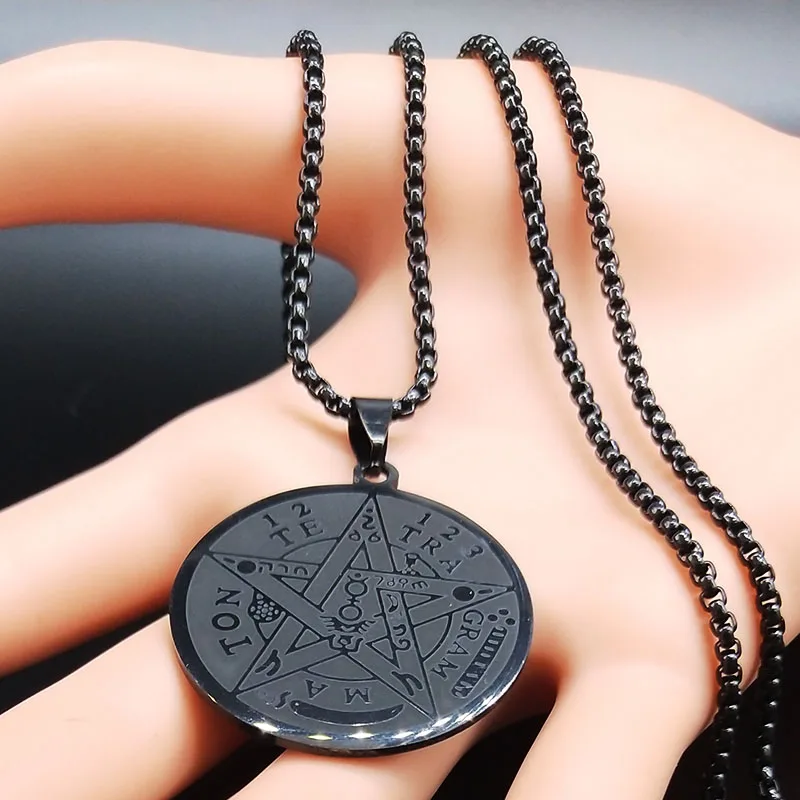 Witchcraft Pentagram Stainless Steel Necklace for Men Black Color Tetragrammaton Jewish Male Chain Jewerly joyas N1163S06