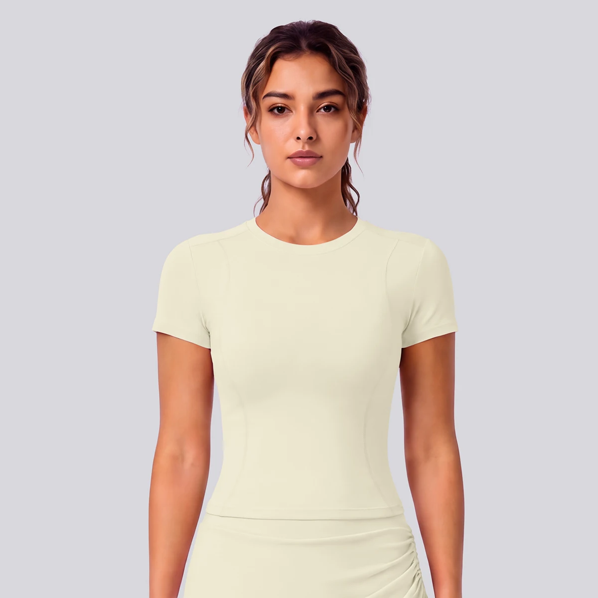 Rooftrellen Schnelltrocknendes Enges Yoga-T-Shirt für Damen, Kurzarm, Einfarbig, Atmungsaktives Sport-Top für Fitness und Yoga – Detail 33