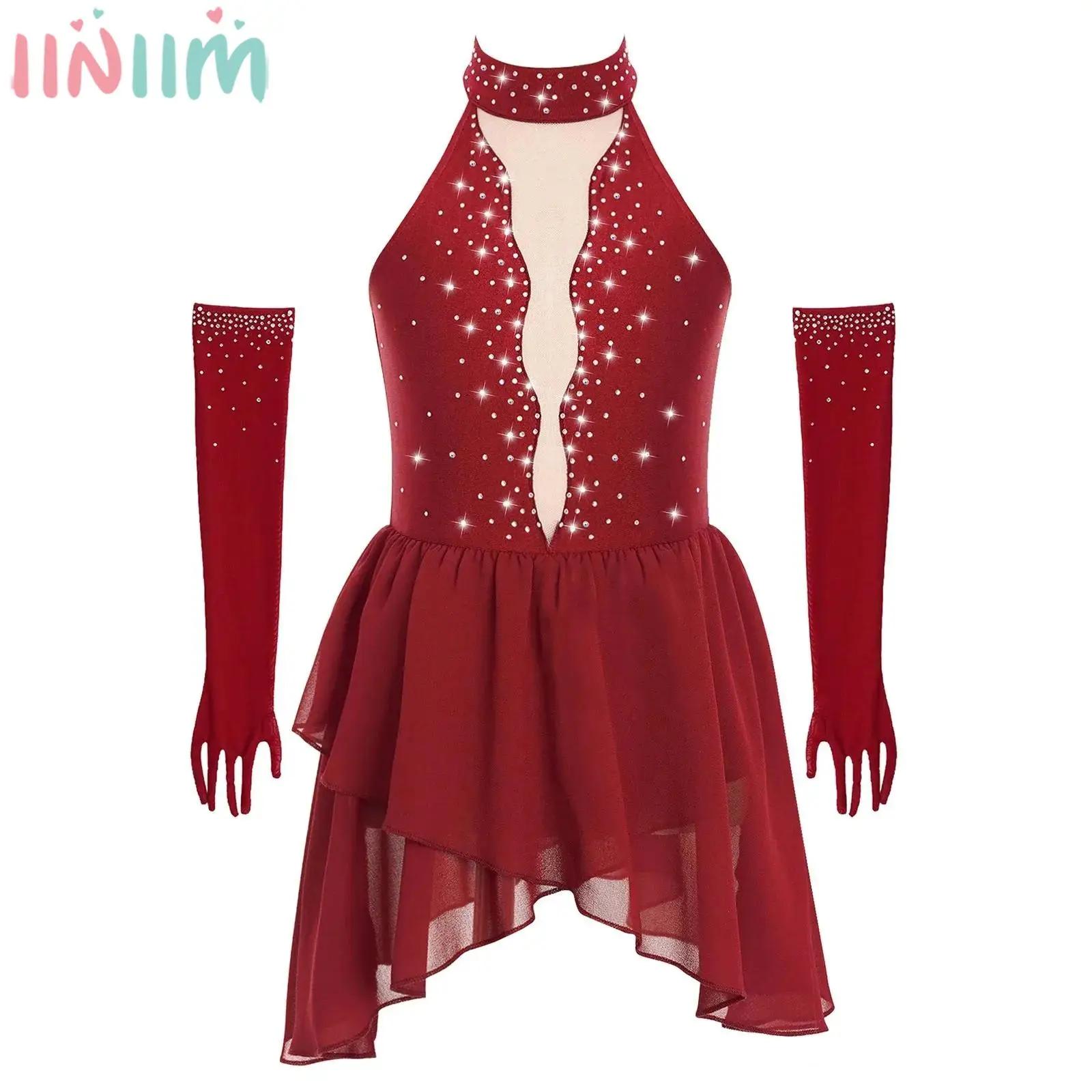 

Kids Girl Figure Skating Lyrical Dance Gymnastics Performance Costume Sleeveless Rhinestone Sheer Mesh Leotard Dress with Gloves