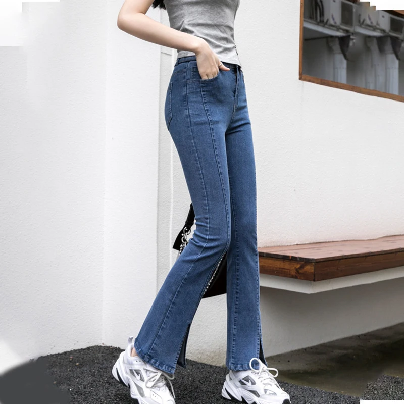 Women Fashion Split Micro Flared Jeans Korean Skinny High Waist Slim Denim Pants Simple Versatile Solid Stretchy Jean Trousers