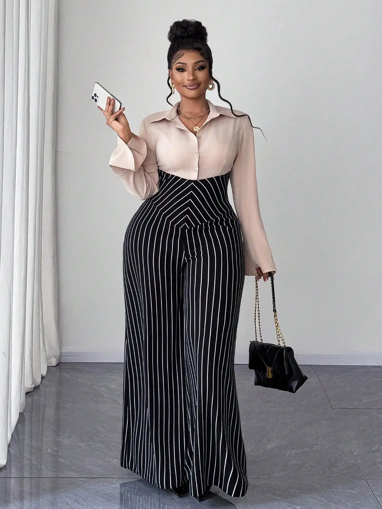 

Комбинезон с расклешенными рукавами в полоску больших размеров для повседневной носки и работы, осенний стиль