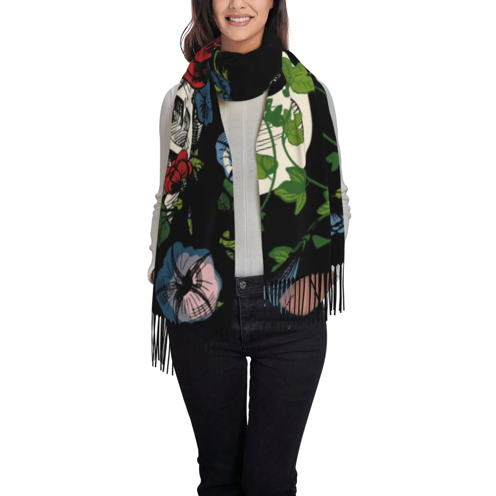 Skull and Red Rose Print Women Shawl Scarf, Gothic Floral Pattern Tassel Wrap, Soft Warm Oversized Cape for Autumn Winter