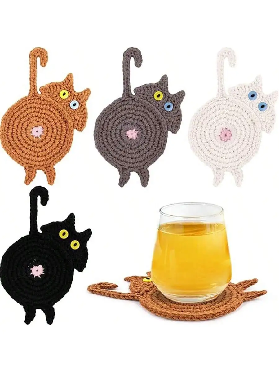 

1Pc Peeking Cat Crochet Coasters-Cat Gifts for Cat Lovers-Cat Coaster Insulation Coaster Coffee and Tea Coaster Desktop
