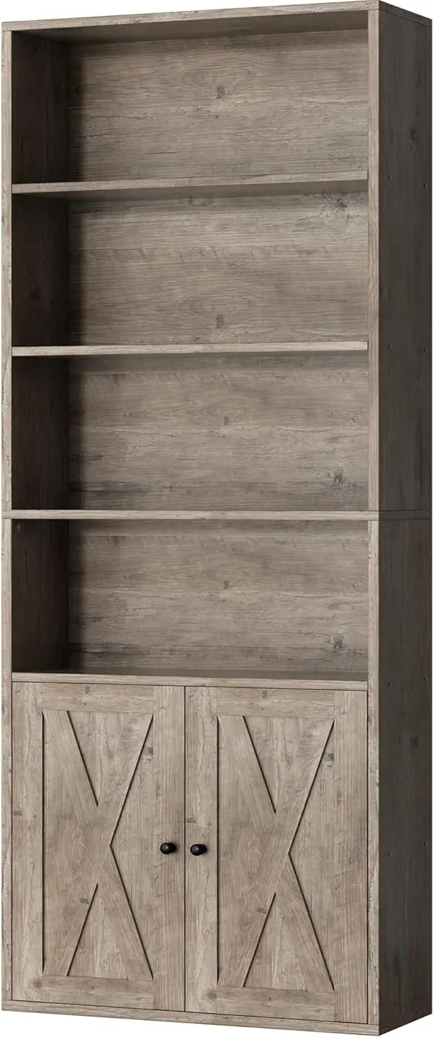 Industrial Bookshelf with Doors, 6-Shelf Floor Standing Storage Unit for Home Office and Living Room, Grey